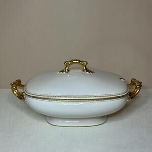 Antique Limoges Serving Dish – White Porcelain w/ Gold Handles (J.P. Pouyat)